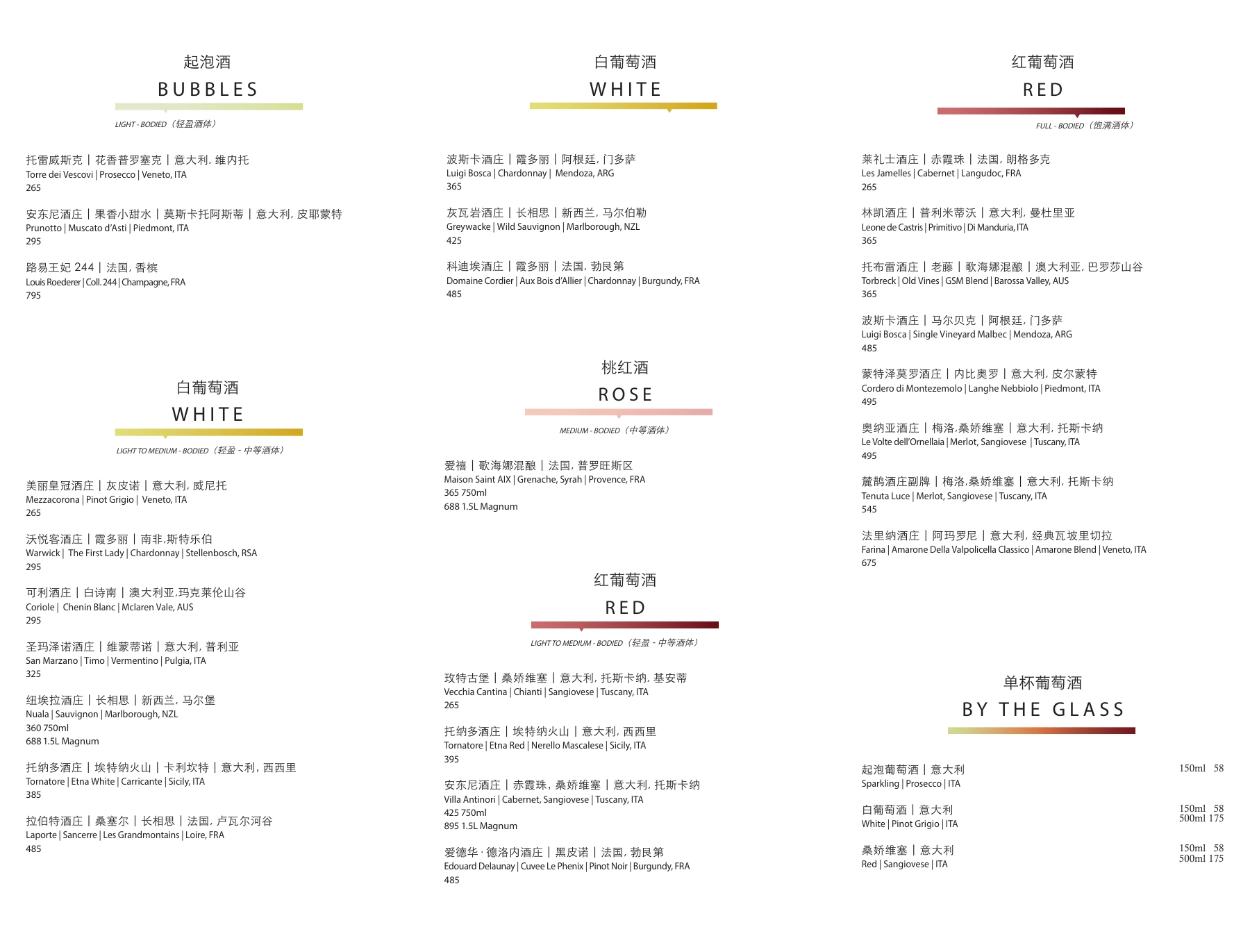 Wine menu, page 1